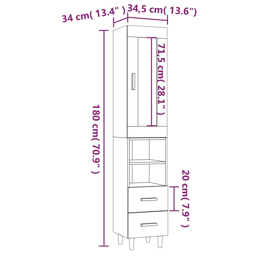 vidaXL kõrge kapp, betoonhall, 34,5x34x180 cm, tehispuit