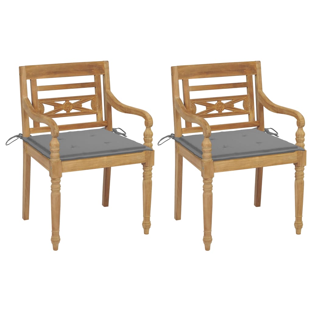 vidaXL Batavia toolid, 2 tk, hallide istmepatjadega, tiikpuu