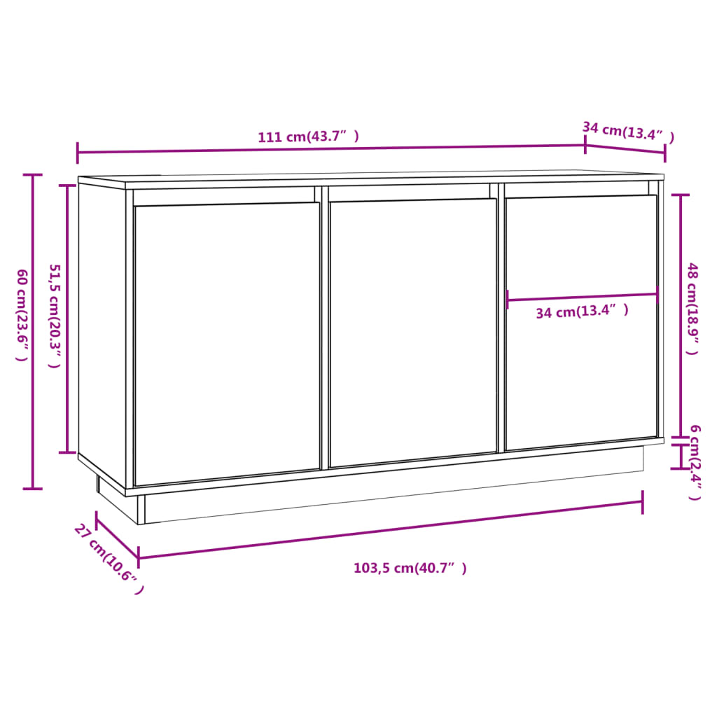 vidaXL puhvetkapp, valge, 111 x 34 x 65 cm, täismännipuit