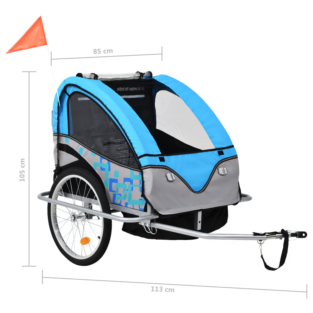 vidaXL kaks ühes laste ratta järelkäru ja jalutuskäru, sinine ja hall