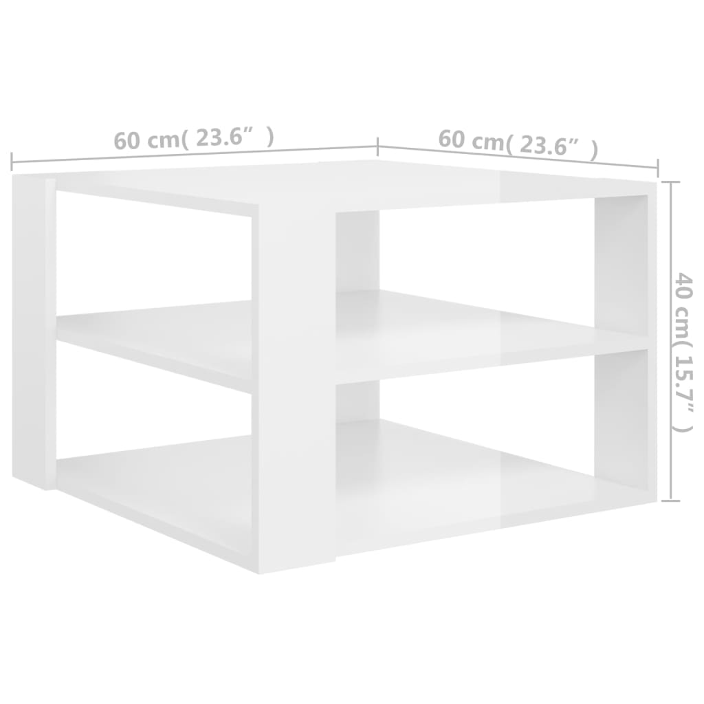 vidaXL kohvilaud, kõrgläikega, valge, 60x60x40 cm puitlaastplaat