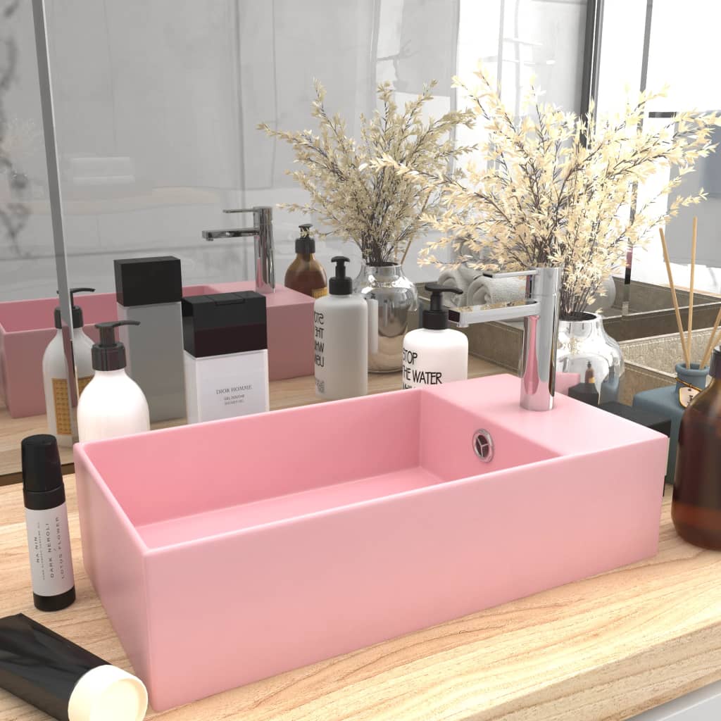 vidaXL vannitoa valamu ülevooluavaga, keraamiline, matt roosa