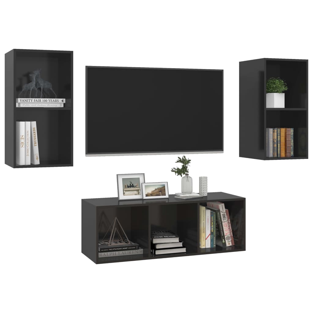 vidaXL 3-osaline TV-kappide komplekt, kõrgläikega must, puitlaastplaat