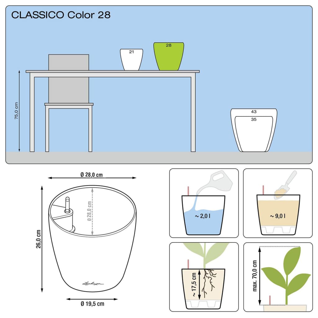 LECHUZA taimekast "Classico Color 28 ALL-IN-ONE" kõrgläikega valge