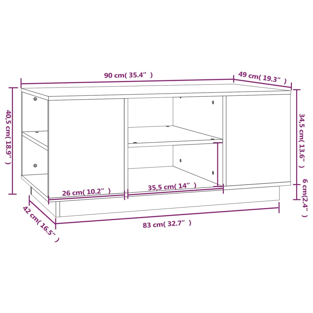 vidaXL kohvilaud, valge, 90 x 49 x 40,5 cm, männipuit