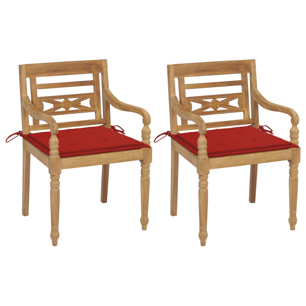 vidaXL Batavia toolid, 2 tk, punaste istmepatjadega, tiikpuu