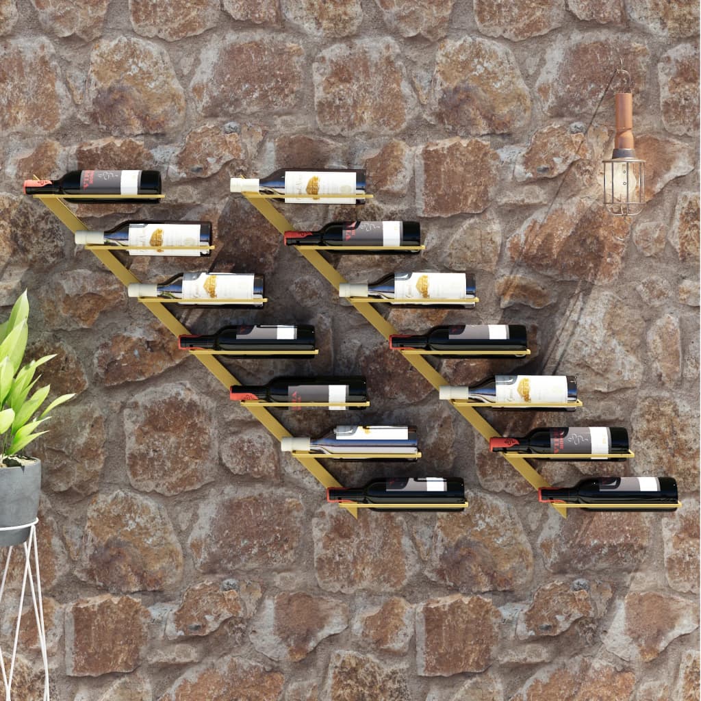 vidaXL seinale kinnitatav veiniriiul 7 pudelile 2 tk, kuldne raud