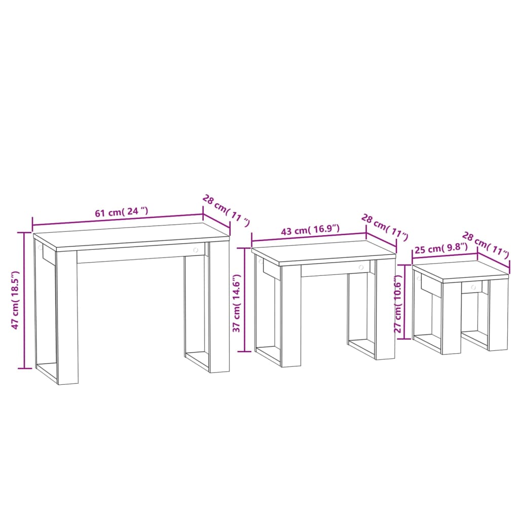 vidaXL üksteise alla mahtuvad lauad, 3 tk, betoonhall, tehispuit