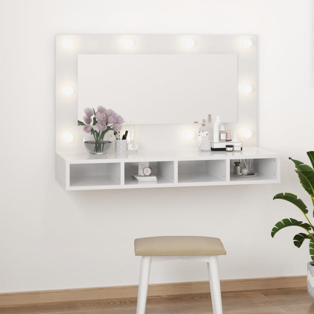 vidaXL peegelkapp kõrgläikega valge LEDiga 90x31,5x62 cm