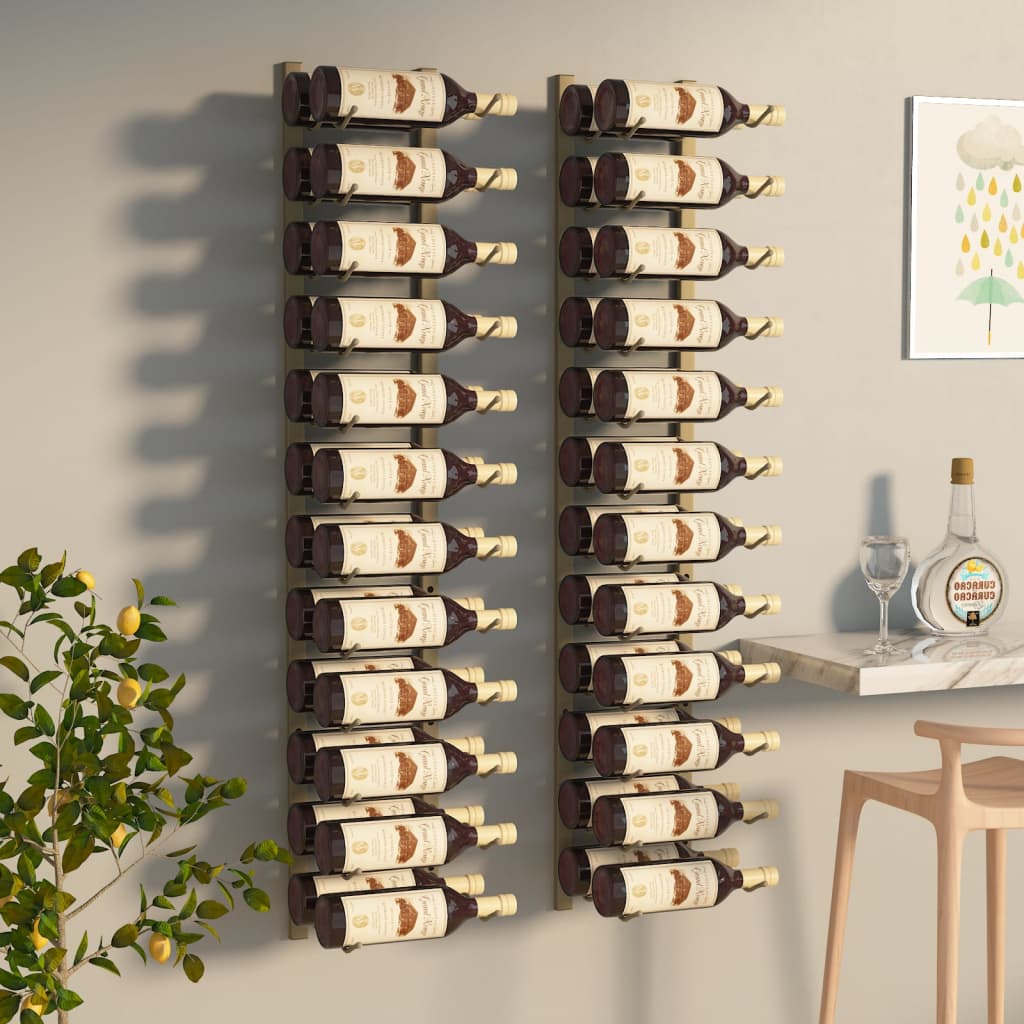 vidaXL seinale kinnitatav veiniriiul 24 pudelile 2 tk, kuldne raud